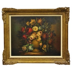 Vintage Victorian Flower Bouquet Still Life Painting Oil on Canvas Signed Romen