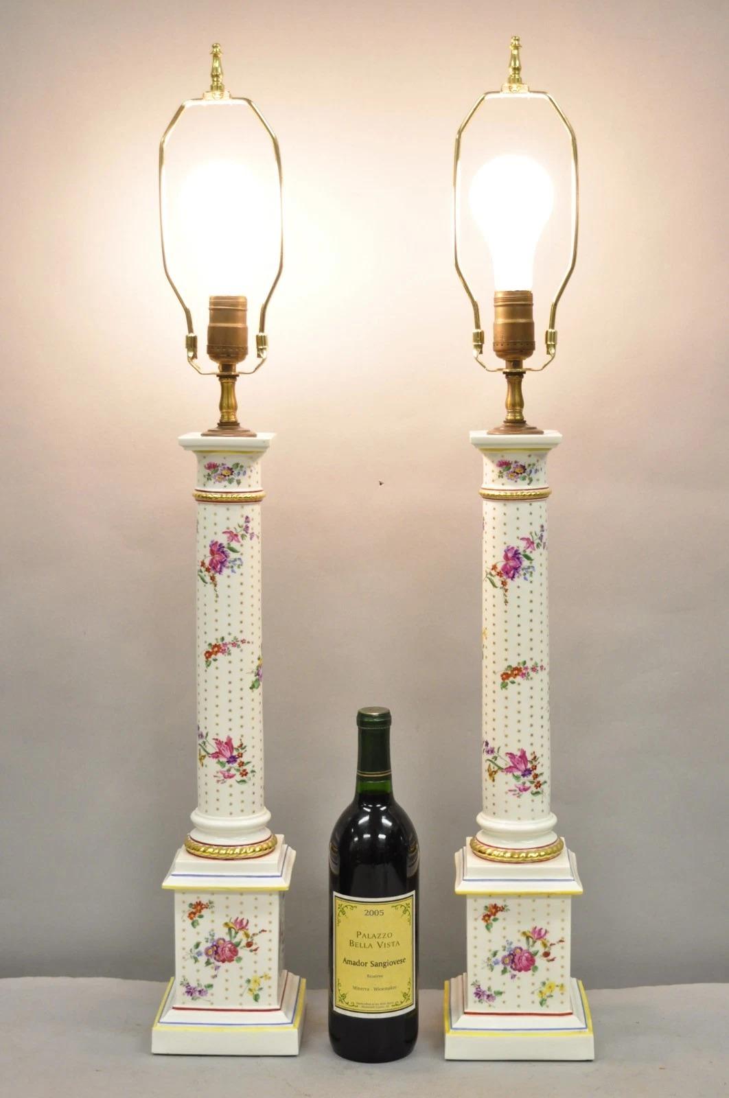 Vintage Victorian Style French Porcelain Column Form German Table Lamps with Hand Painted Flowers attributed to Dresden - a Pair. Circa Mid 20th Century. Dimensions : 33
