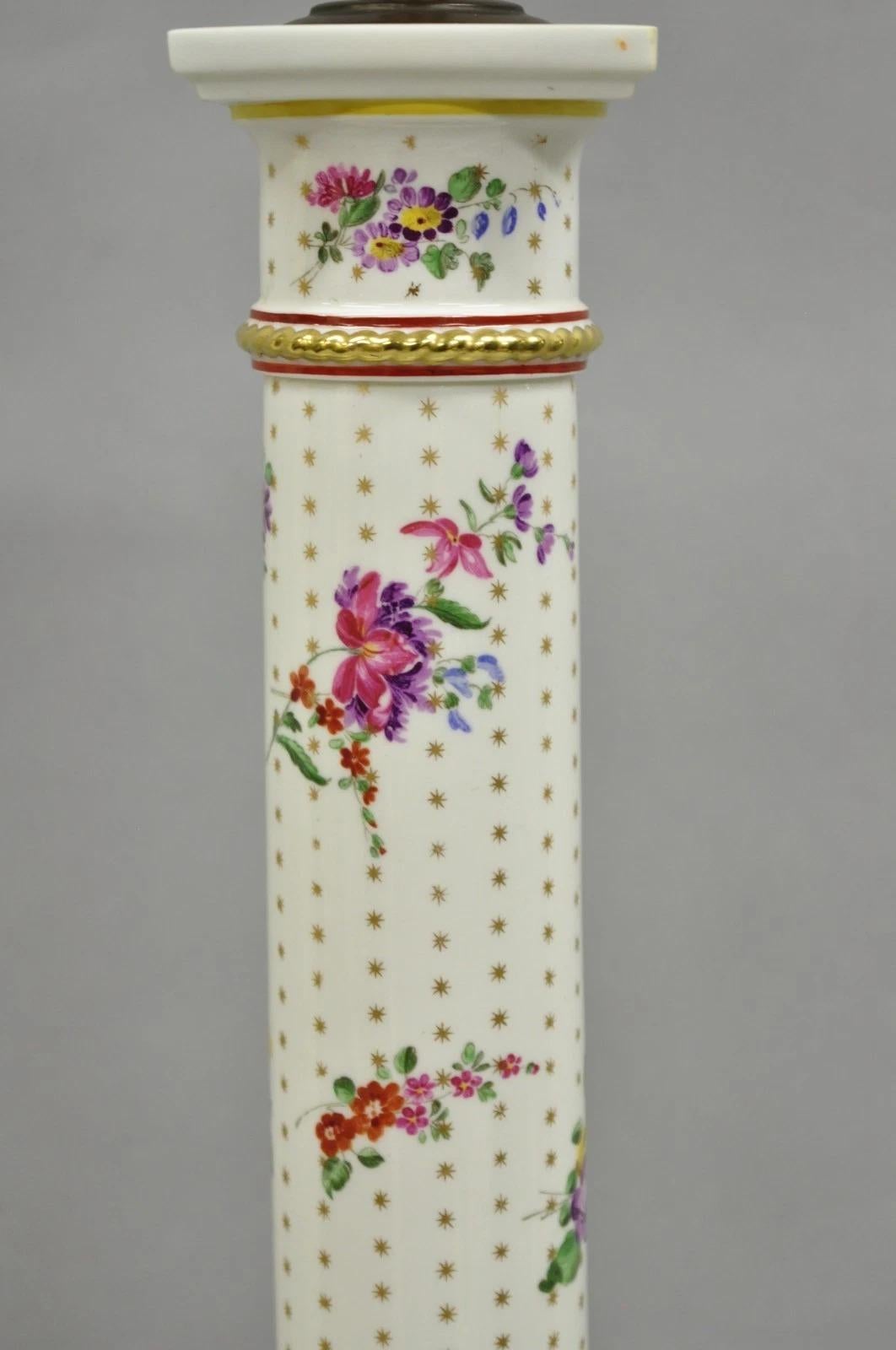 Inconnu Paire de lampes de table à colonne en porcelaine française de l'époque victorienne avec fleurs peintes en vente