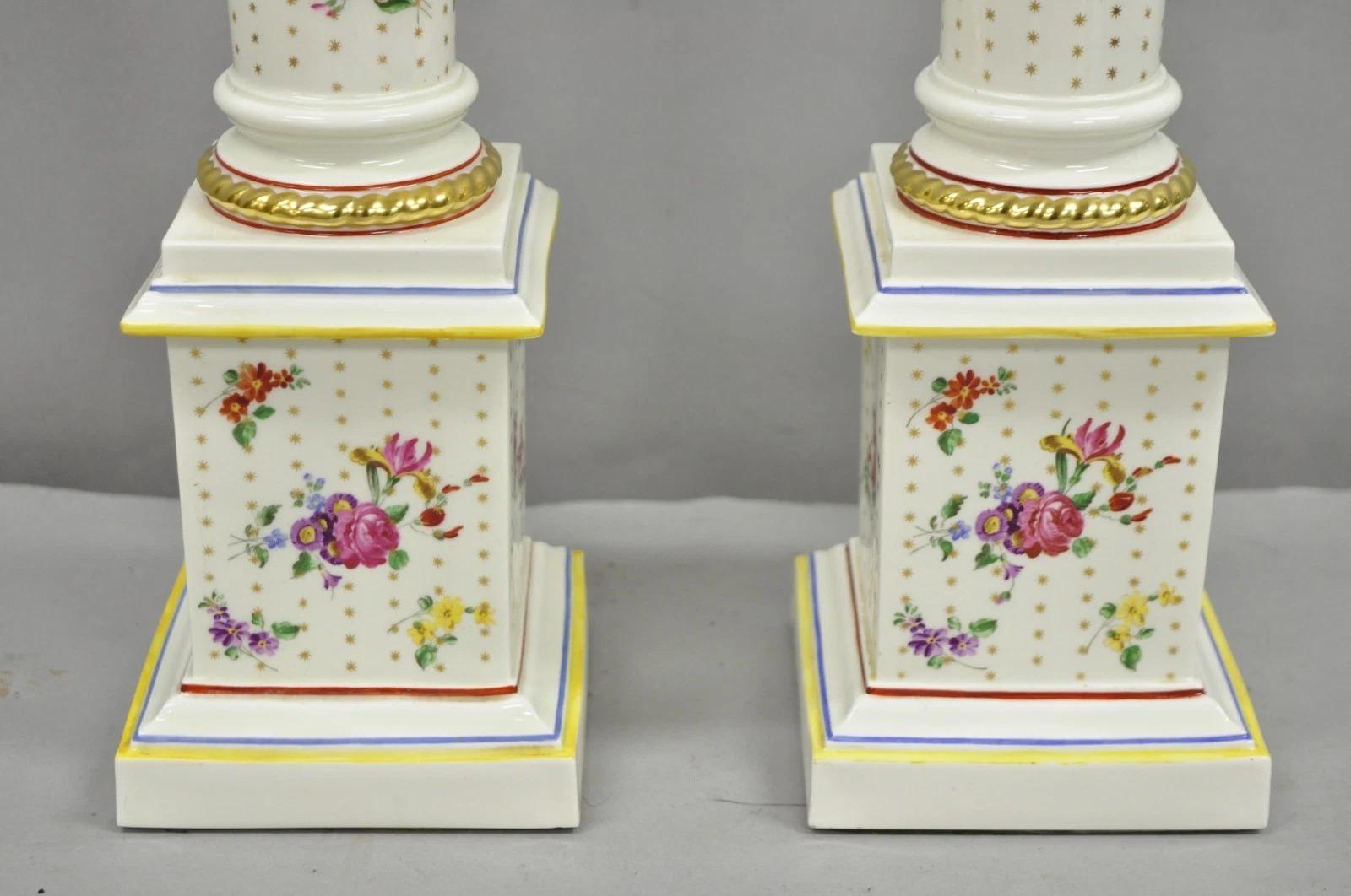 20ième siècle Paire de lampes de table à colonne en porcelaine française de l'époque victorienne avec fleurs peintes en vente