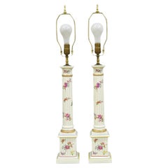 Vintage Victorian French Porcelain Column Table Lamps w Painted Flowers - a Pair