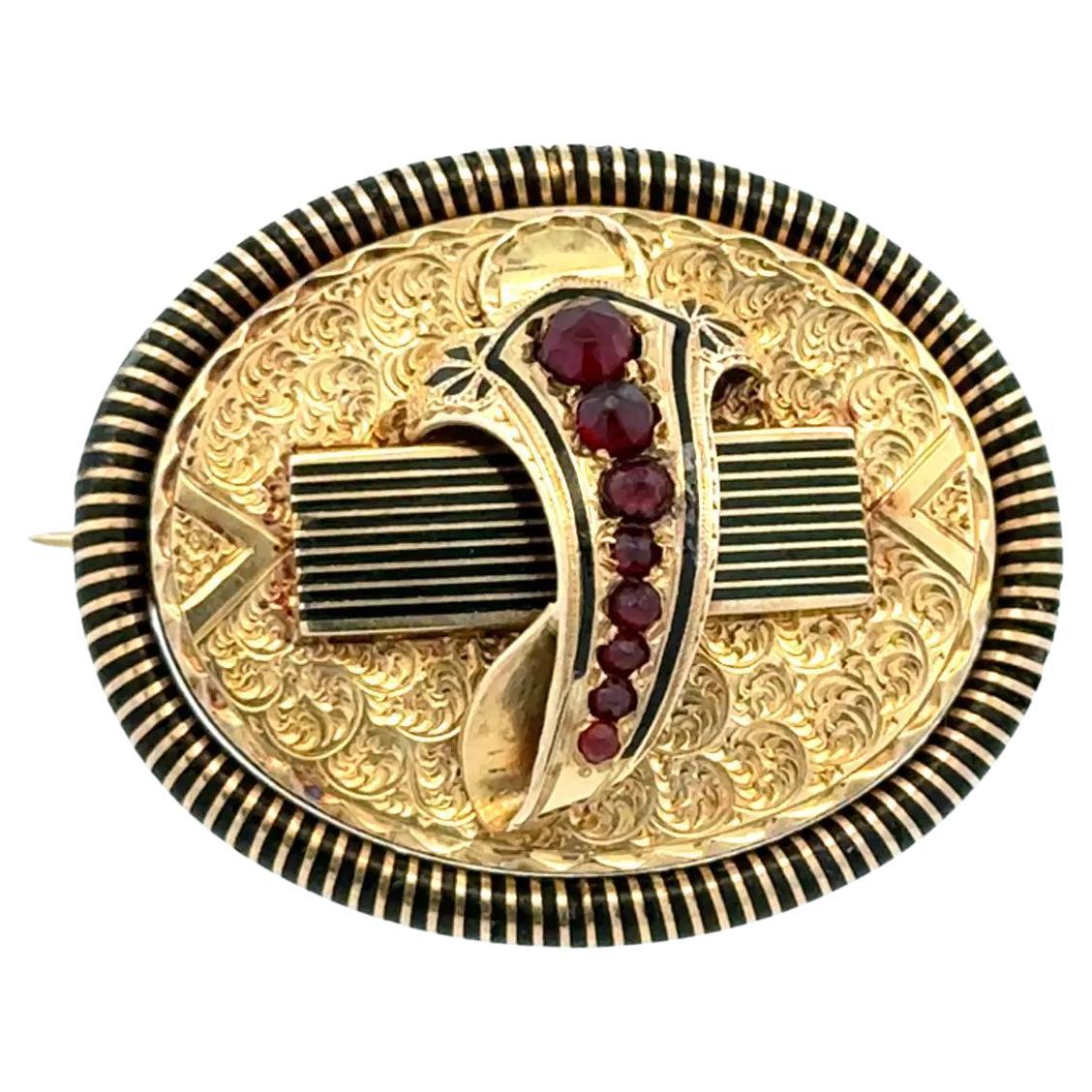 Vintage Victorian Garnet Enamel Engraved Gold Brooch Pin Pendant