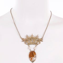 Vintage Victorian Gold Plate Sterling Silver Moss Agate Crown Pearl Necklace