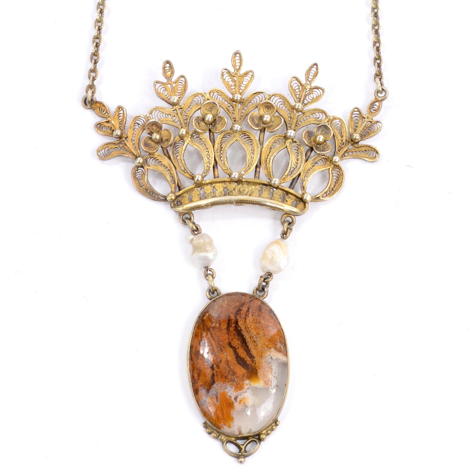 Vintage Victorian Gold Plate Sterling Silver Moss Agate Crown Pearl Necklace  In Good Condition In Portland, OR
