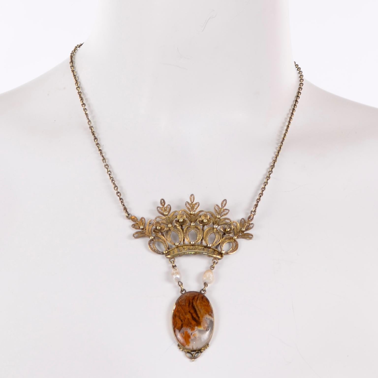 Vintage Victorian Gold Plate Sterling Silver Moss Agate Crown Pearl Necklace  4