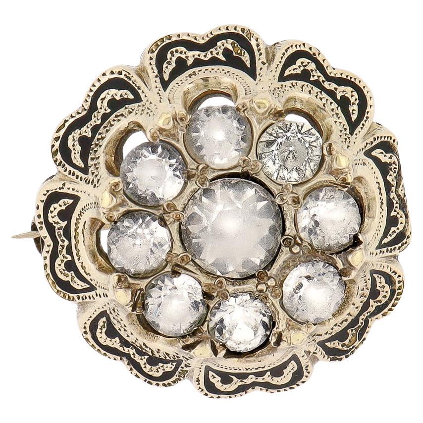 Vintage Victorian Gold Plated, Black Enamel, 
Glass Paste Floral Brooch / Pin