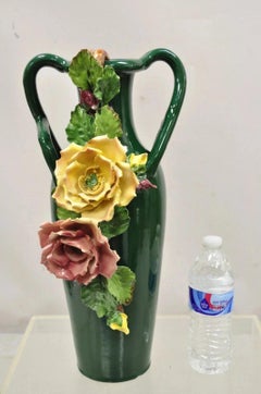 Vintage Victorian Green Porcelain Ceramic 18" Vase w/ Pink & Yellow Flowers