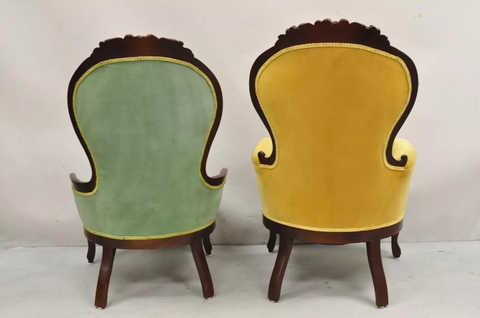 Vintage Victorian Green & Yellow His & Hers Rose Carved Parlor Chairs - a Pair For Sale 5