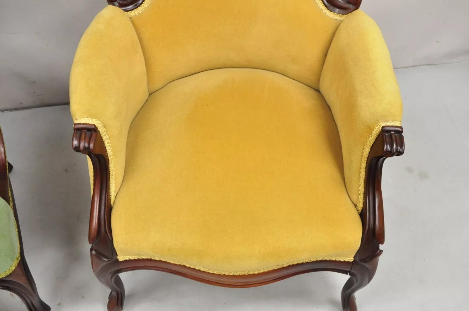 Vintage Victorian Green & Yellow His & Hers Rose Carved Parlor Chairs - a Pair 6