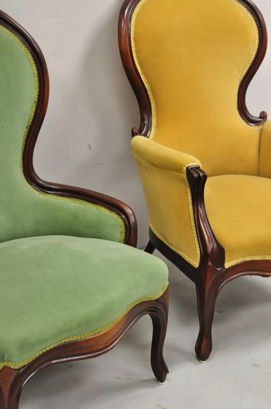 Vintage Victorian Green & Yellow His & Hers Rose Carved Parlor Chairs - a Pair 7