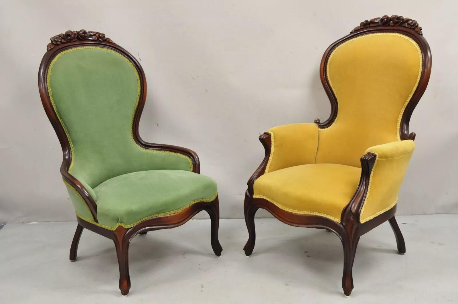 Vintage Victorian Style Green and Yellow His and Hers Rose Carved Parlor Chairs - a Pair/ Item features  carved cherry wood frames, floral rose carved crests, (1) hip-rest chair and (1) armchair, very nice vintage set. Circa  Mid 20th