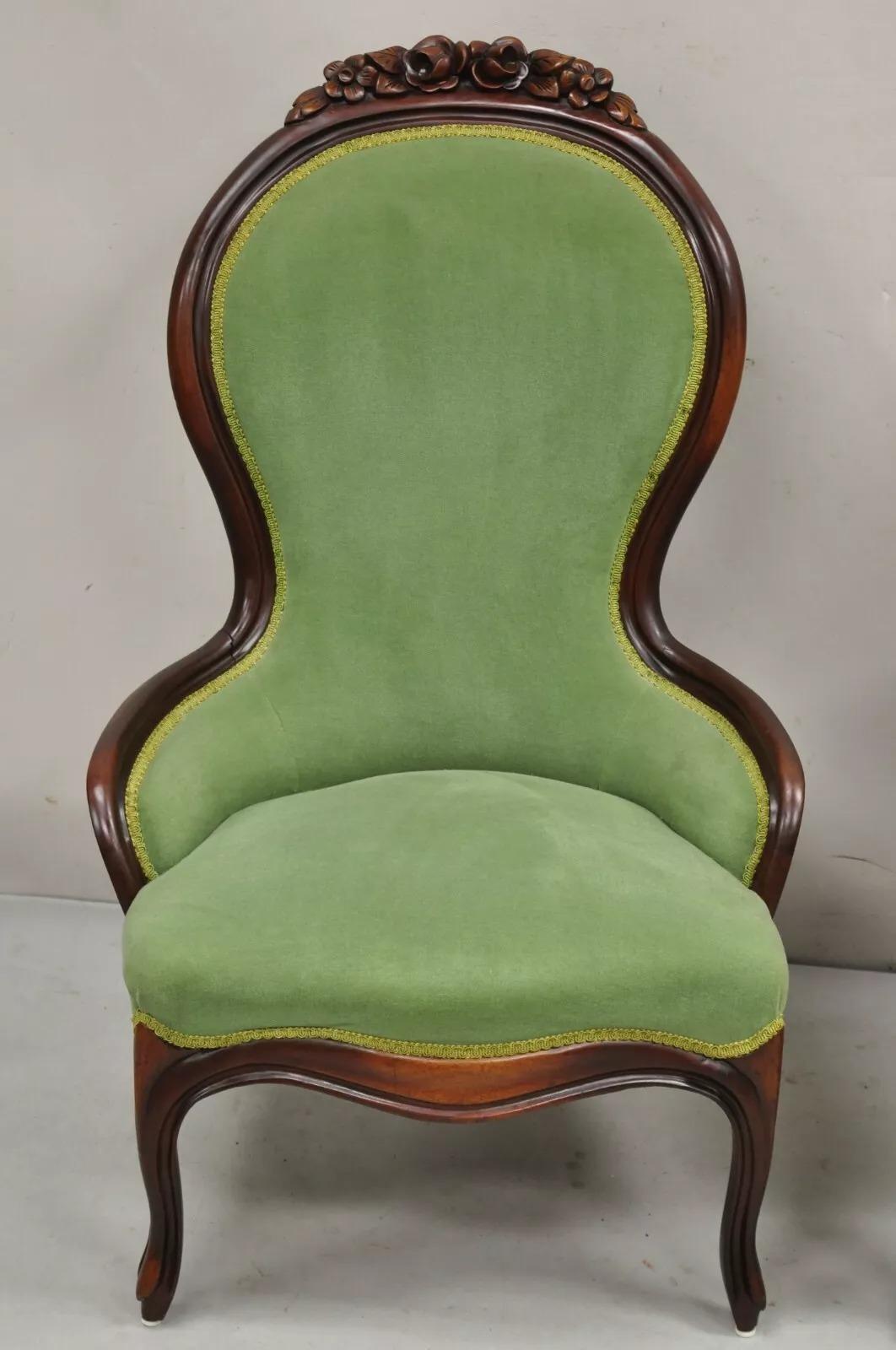 Vintage Victorian Green & Yellow His & Hers Rose Carved Parlor Chairs - a Pair In Good Condition For Sale In Philadelphia, PA