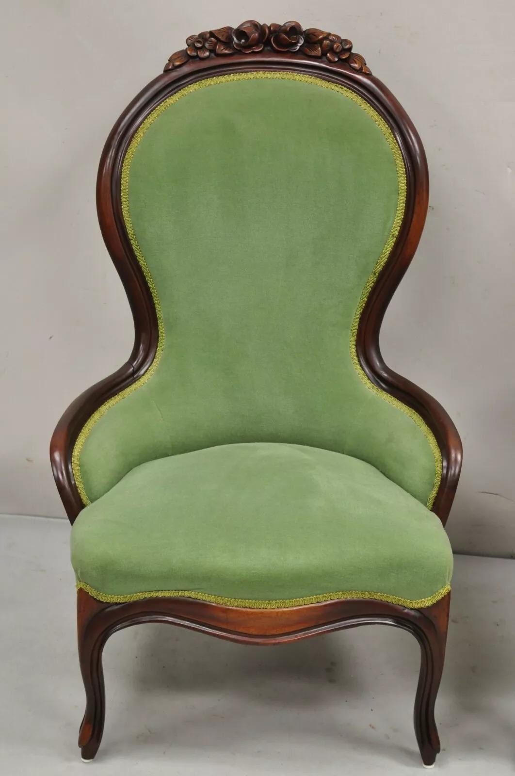 Vintage Victorian Green & Yellow His & Hers Rose Carved Parlor Chairs - a Pair In Good Condition In Philadelphia, PA