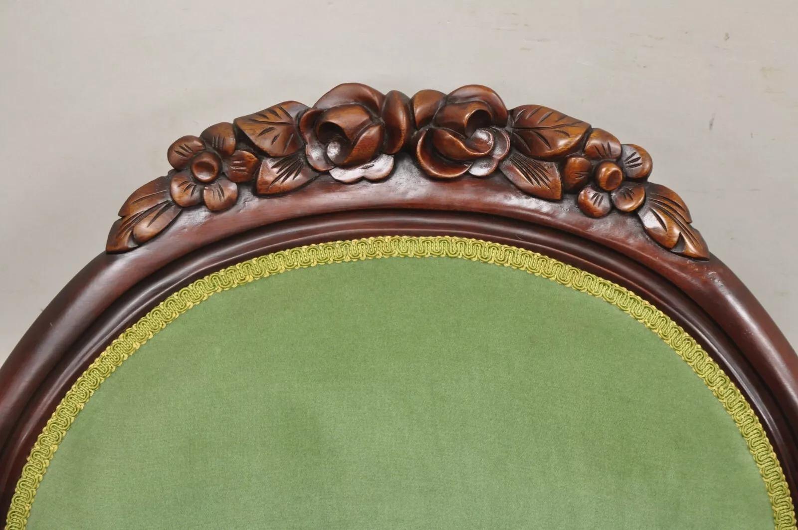 20th Century Vintage Victorian Green & Yellow His & Hers Rose Carved Parlor Chairs - a Pair For Sale