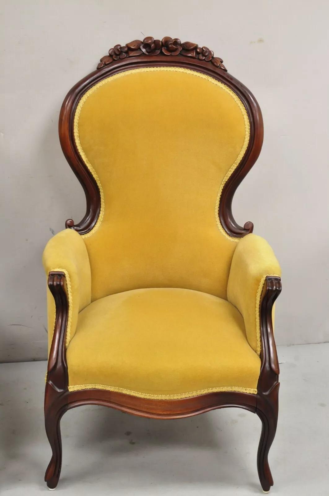 Fabric Vintage Victorian Green & Yellow His & Hers Rose Carved Parlor Chairs - a Pair
