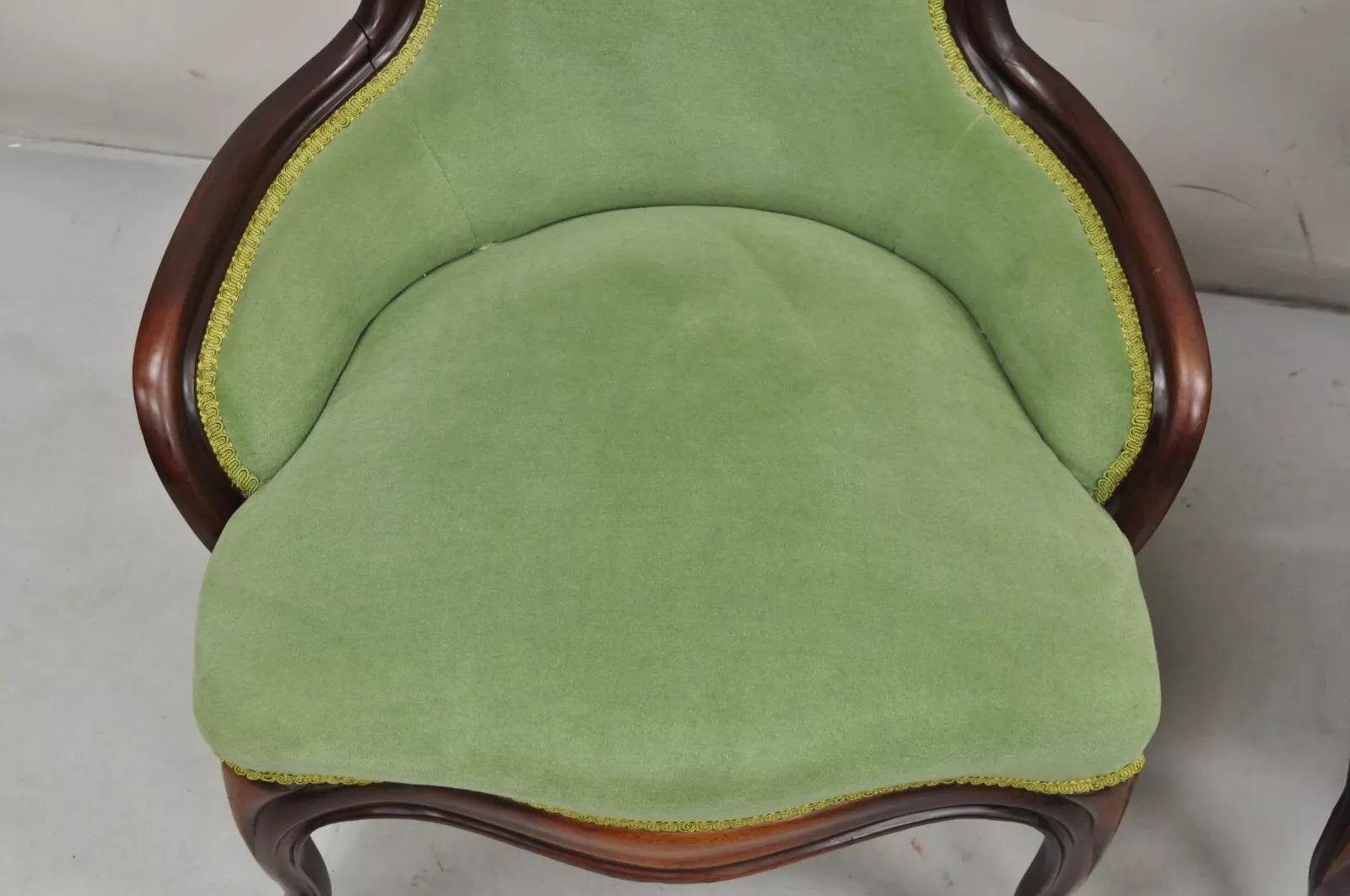 Vintage Victorian Green & Yellow His & Hers Rose Carved Parlor Chairs - a Pair For Sale 2