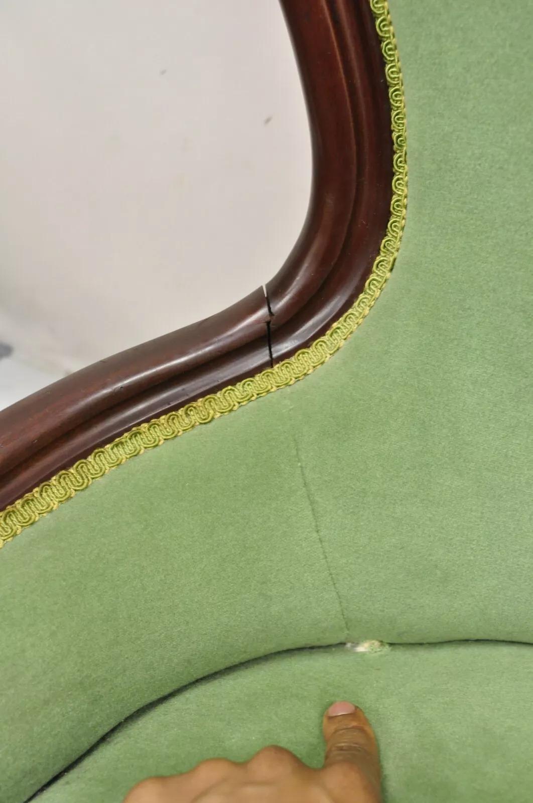 Vintage Victorian Green & Yellow His & Hers Rose Carved Parlor Chairs - a Pair 3