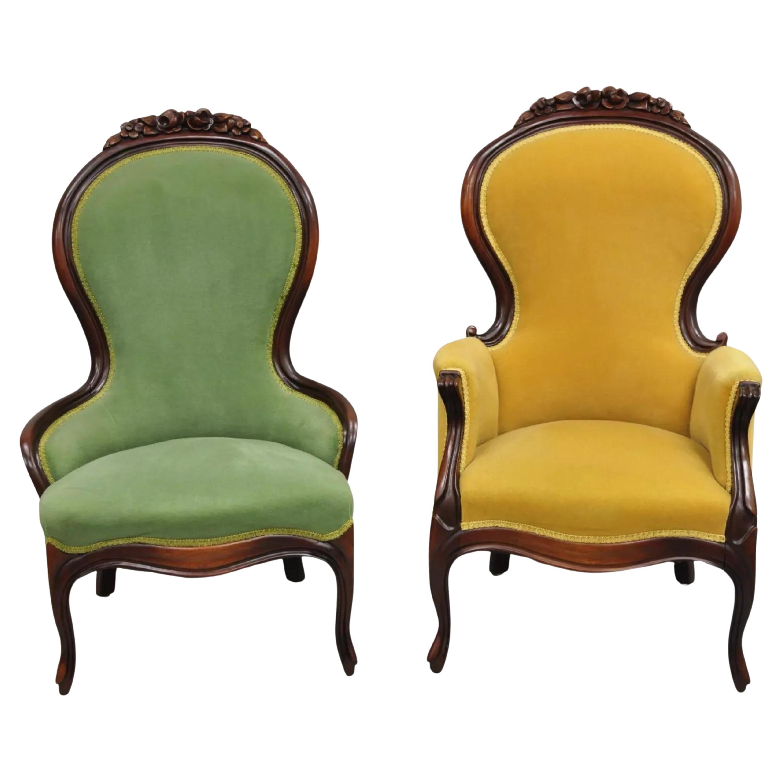 Vintage Victorian Green & Yellow His & Hers Rose Carved Parlor Chairs - a Pair