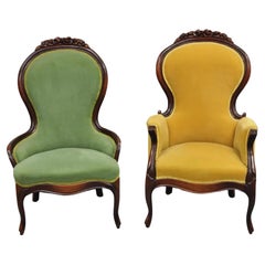 Vintage Victorian Green & Yellow His & Hers Rose Carved Parlor Chairs - a Pair