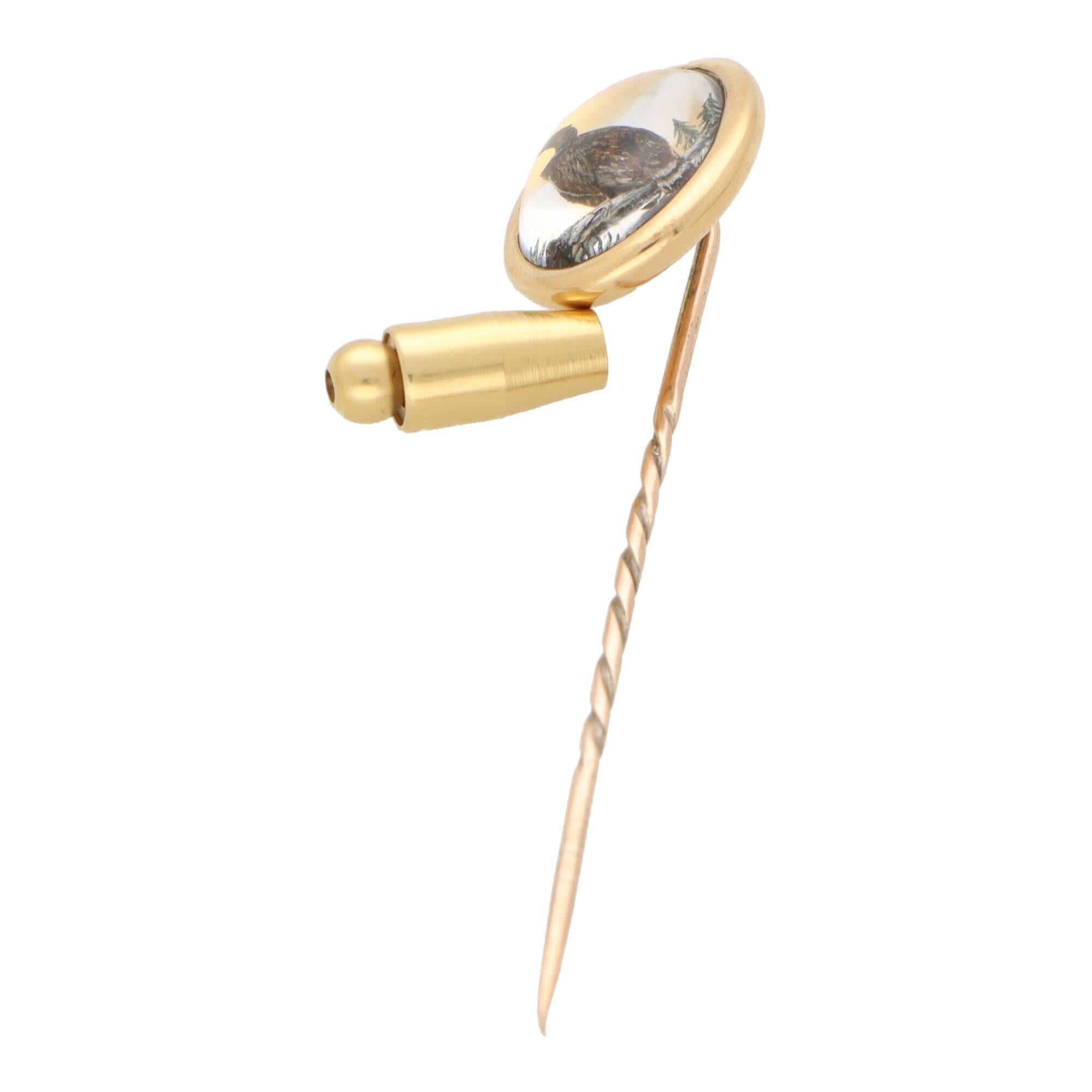 Women's or Men's Vintage Victorian Grouse Scene Stick Pin in 18k Yellow Gold For Sale