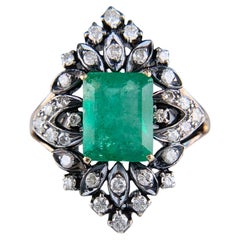 Vintage Victorian Inspired Lab Emerald and Diamond Ring Silver/14k Yellow Gold