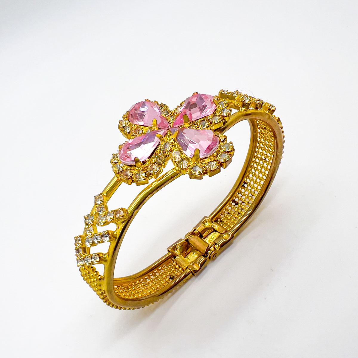 Vintage Victorian Inspired Pink Teardrop Crystal Cuff 1960s In Good Condition For Sale In Wilmslow, GB