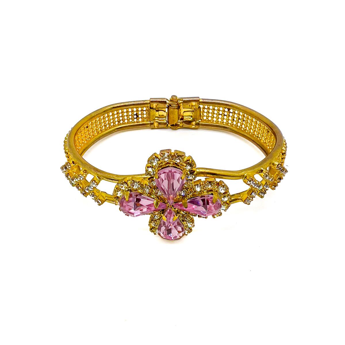 Vintage Victorian Inspired Pink Teardrop Crystal Cuff 1960s For Sale 1