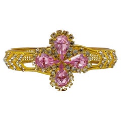 Vintage Victorian Inspired Pink Teardrop Crystal Cuff 1960s