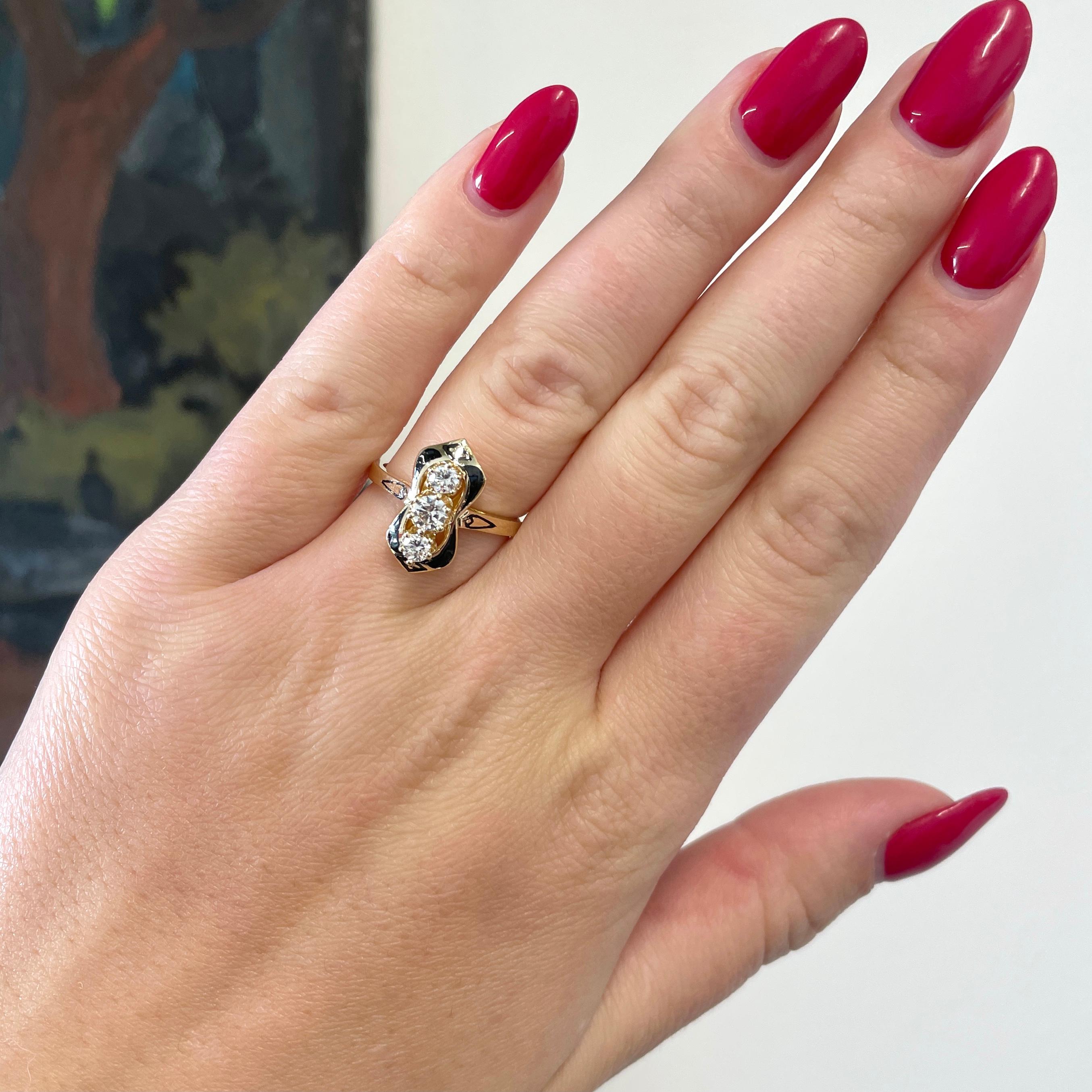 Vintage Victorian Inspired Three Stone Diamond Gold Enamel Ring