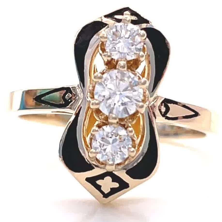 Round Cut Vintage Victorian Inspired Three Stone Diamond Gold Enamel Ring