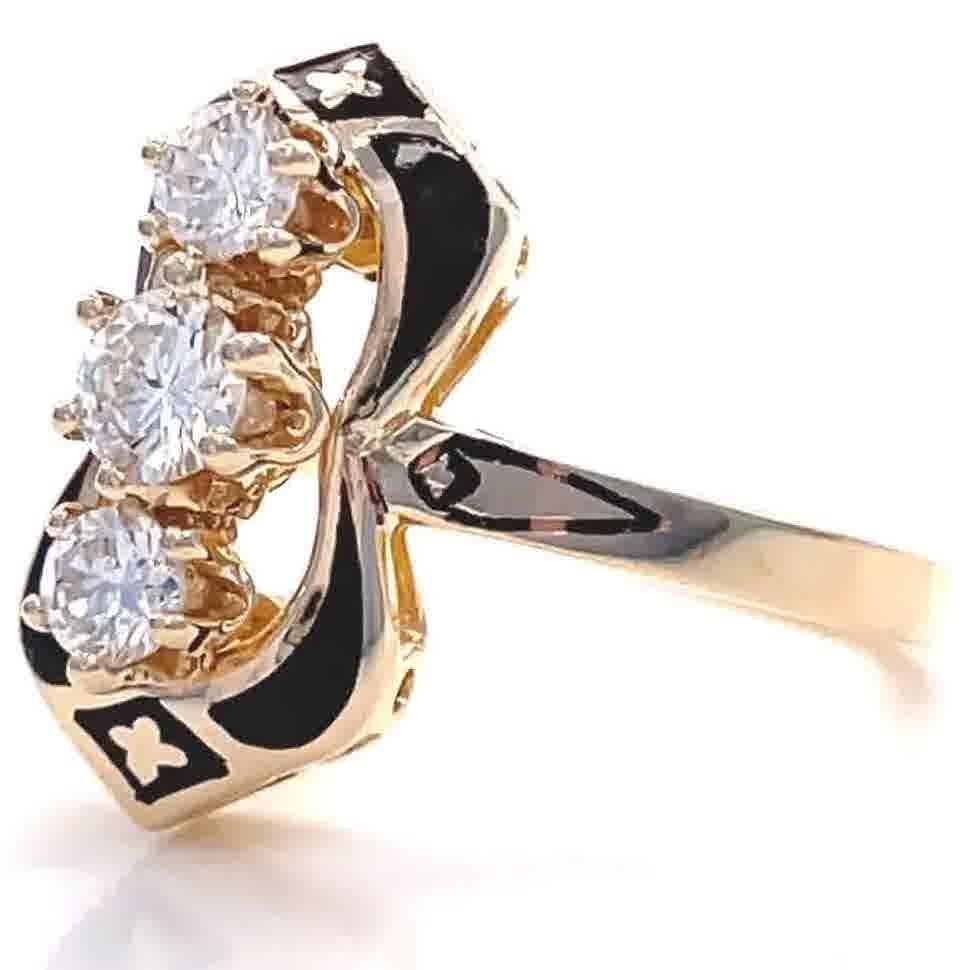 Vintage Victorian Inspired Three Stone Diamond Gold Enamel Ring In Excellent Condition In Beverly Hills, CA