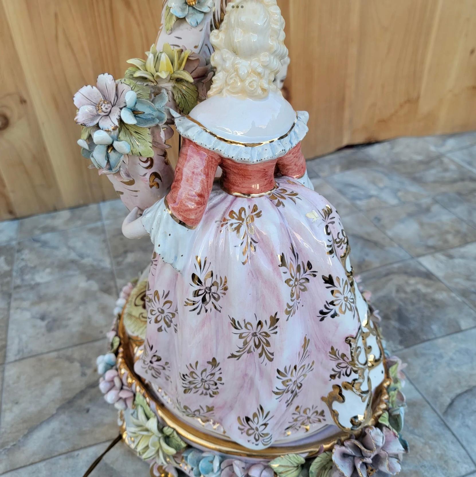 Metal Vintage Victorian Italian Capodimonte Porcelain Table Lamp with Shade For Sale