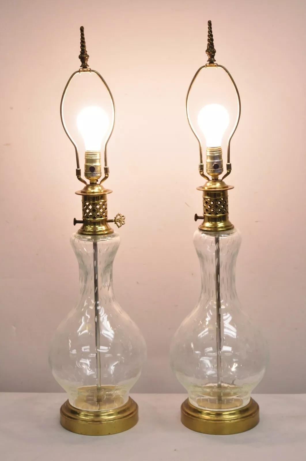 Vintage Victorian Lantern Style Shapely Bubble Glass Table Lamps - a Pair. Circa Early 20th Century. Measurements: 32.5
