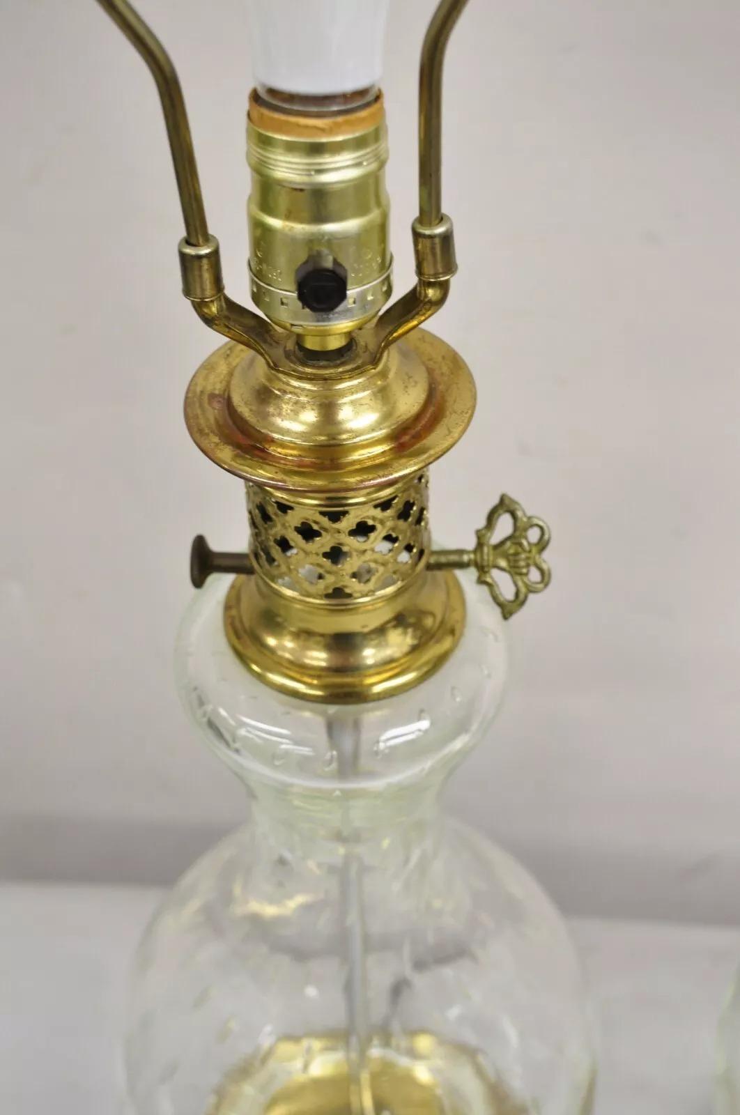 Metal Vintage Victorian Lantern Style Shapely Bubble Glass Table Lamps - a Pair For Sale