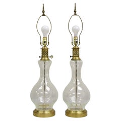 Antique Victorian Lantern Style Shapely Bubble Glass Table Lamps - a Pair