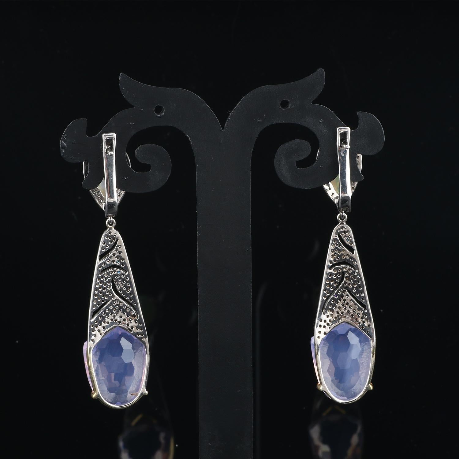 Round Cut Vintage Victorian Lavendar Quartz Dangle Earrings, Opal & Diamond Earrings For Sale