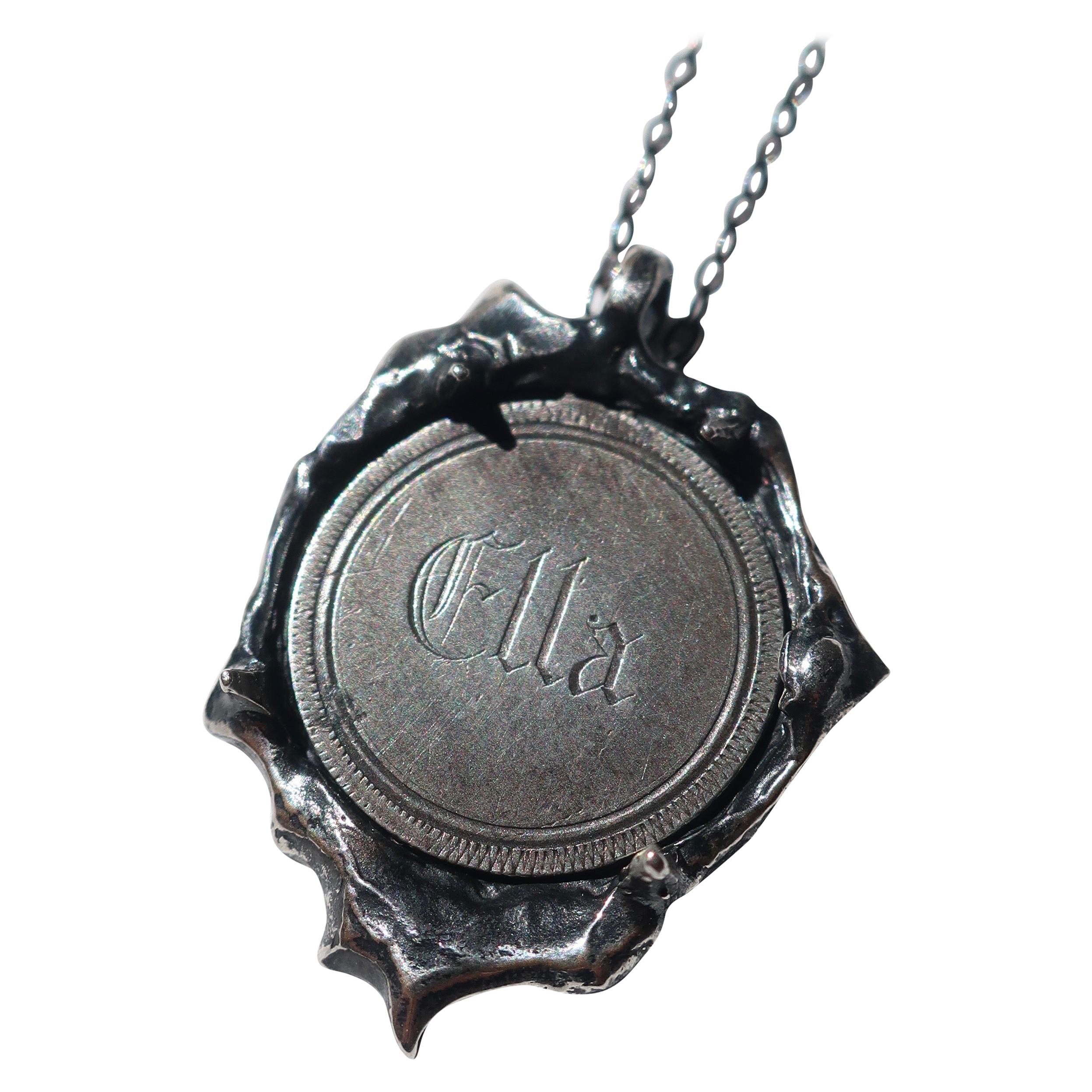 Vintage Victorian Love Token Wax Seal Coin Pendant in Sterling Silver "ELLA" For Sale