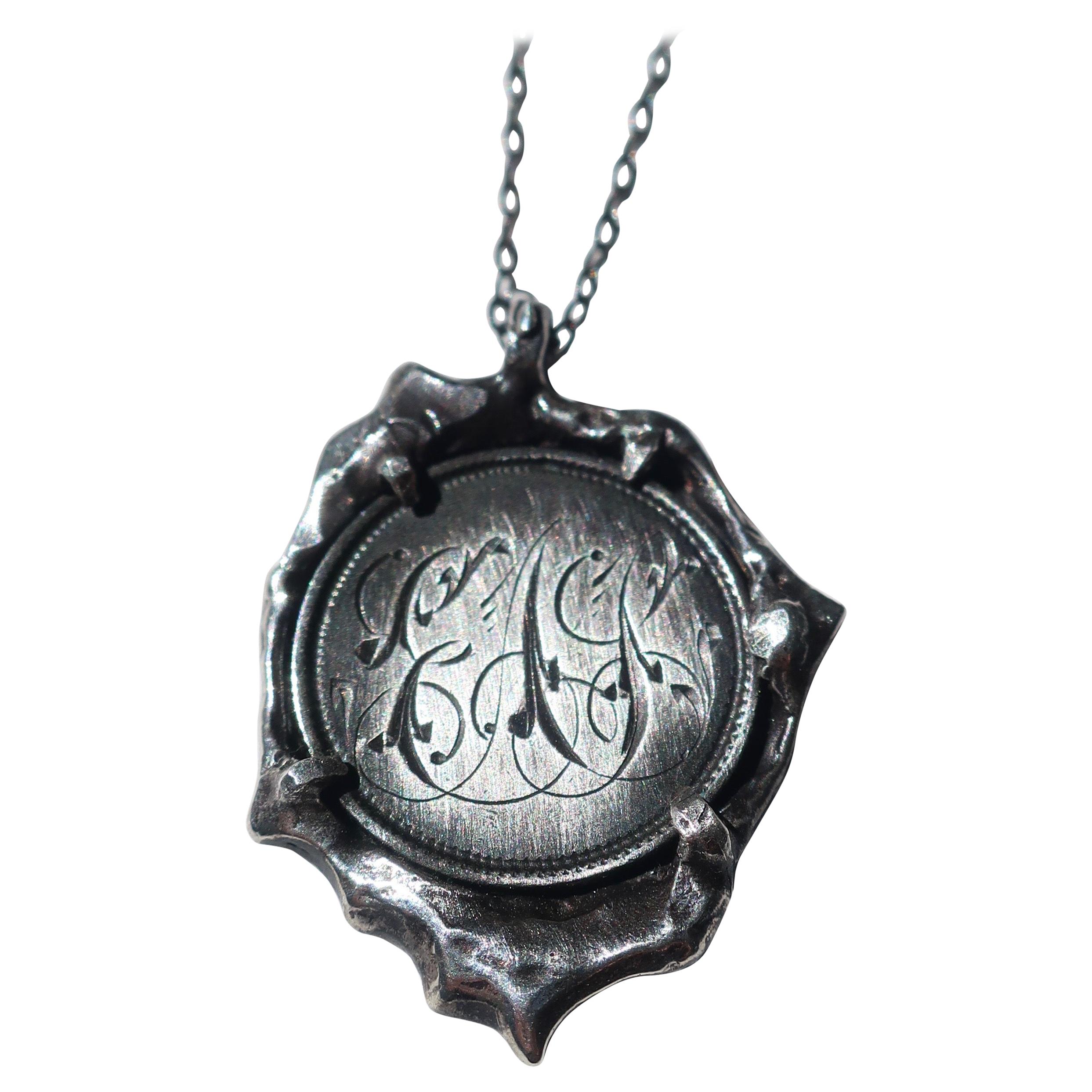 Vintage Victorian Love Token Wax Seal Coin Pendant in Sterling Silver For Sale
