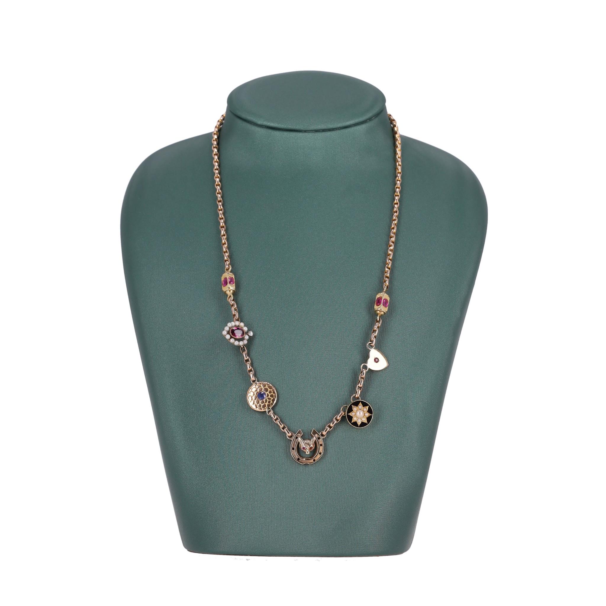 Brilliant Cut Vintage - Victorian Multi Charm Necklace 15ct Gold With Rubies, Sapphires & Pear For Sale