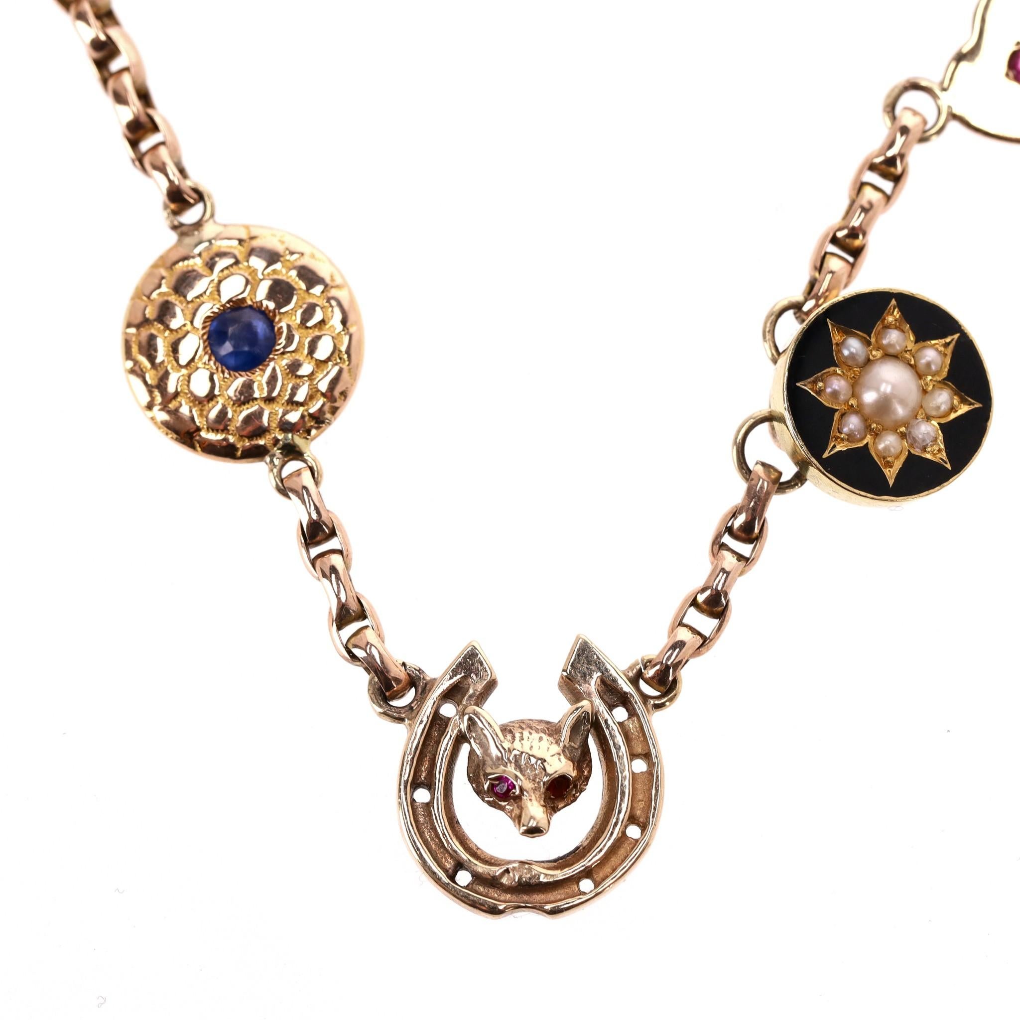 Vintage - Victorian Multi Charm Necklace 15ct Gold With Rubies, Sapphires & Pear In Excellent Condition For Sale In London, GB