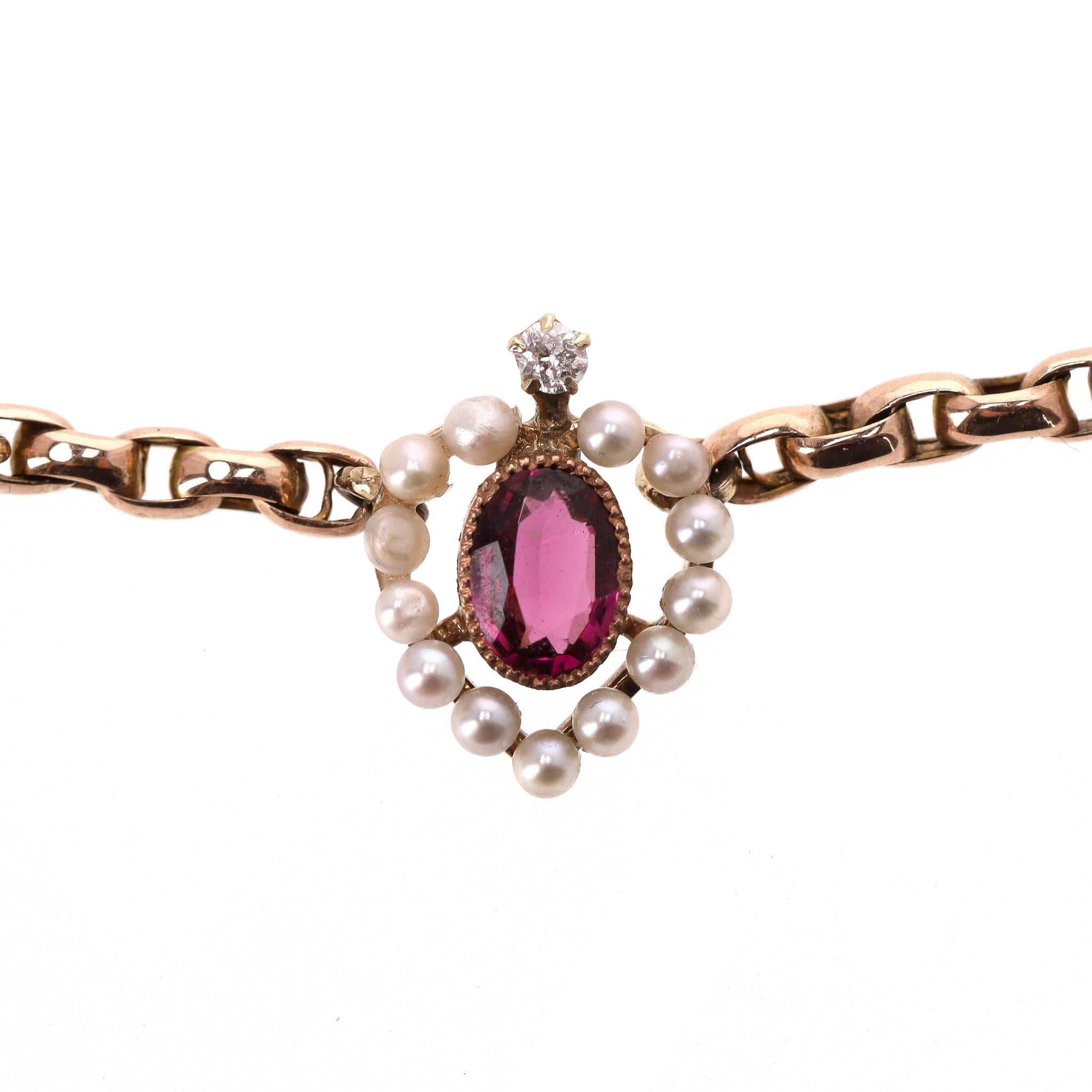 Vintage - Victorian Multi Charm Necklace 15ct Gold With Rubies, Sapphires & Pear For Sale 1