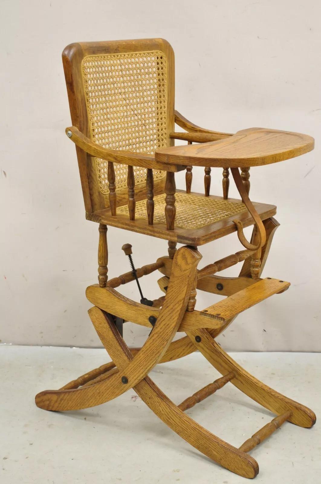 Vintage Victorian Oak & Cane Convertible Childs High Chair Rocking Chair For Sale 6