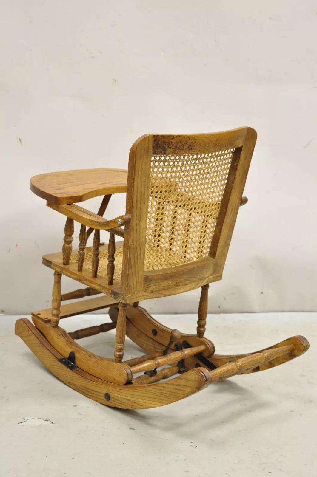 Vintage Victorian Oak & Cane Convertible Childs High Chair Rocking Chair In Good Condition For Sale In Philadelphia, PA