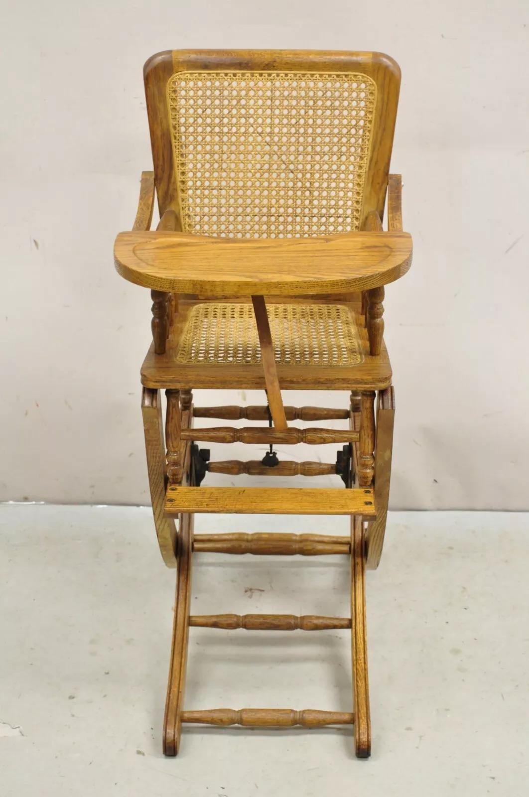 20th Century Vintage Victorian Oak & Cane Convertible Childs High Chair Rocking Chair For Sale