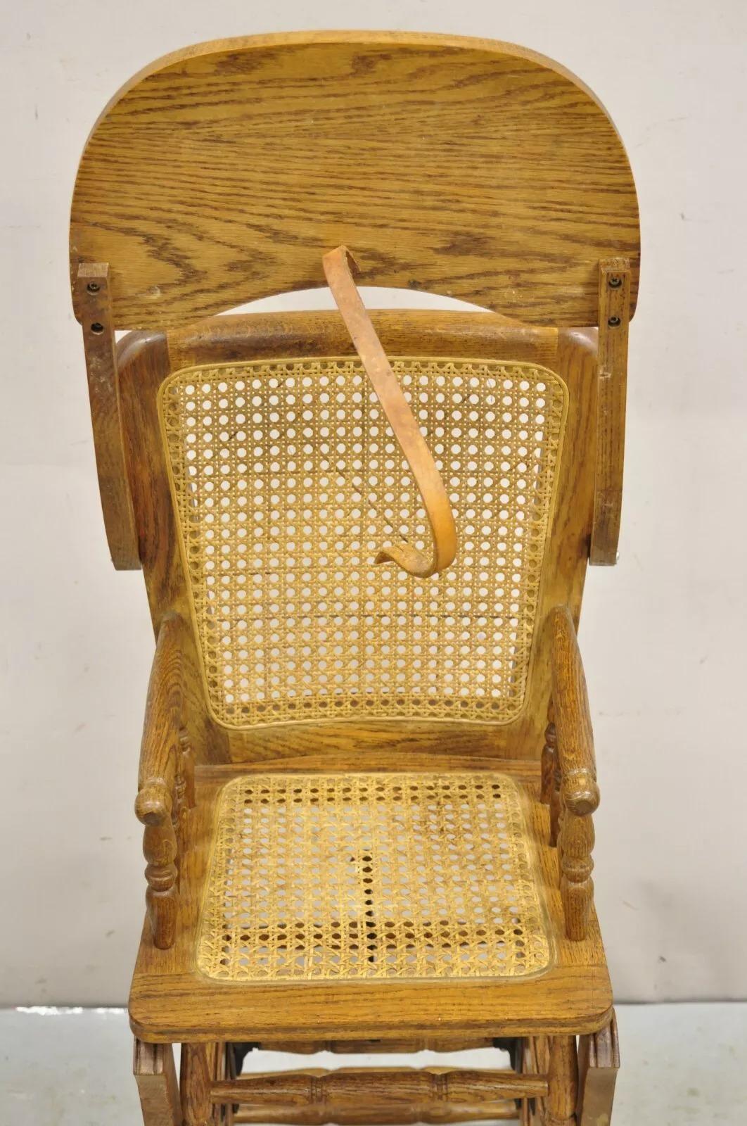 Vintage Victorian Oak & Cane Convertible Childs High Chair Rocking Chair For Sale 1