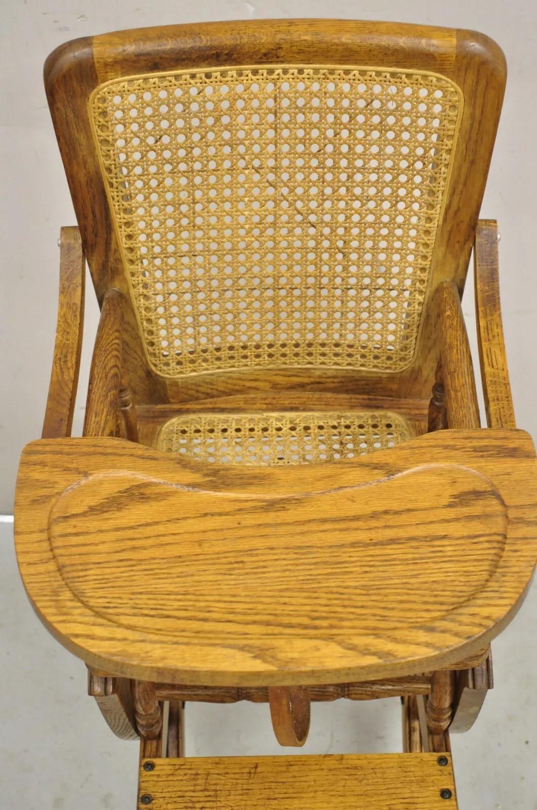 Vintage Victorian Oak & Cane Convertible Childs High Chair Rocking Chair For Sale 2