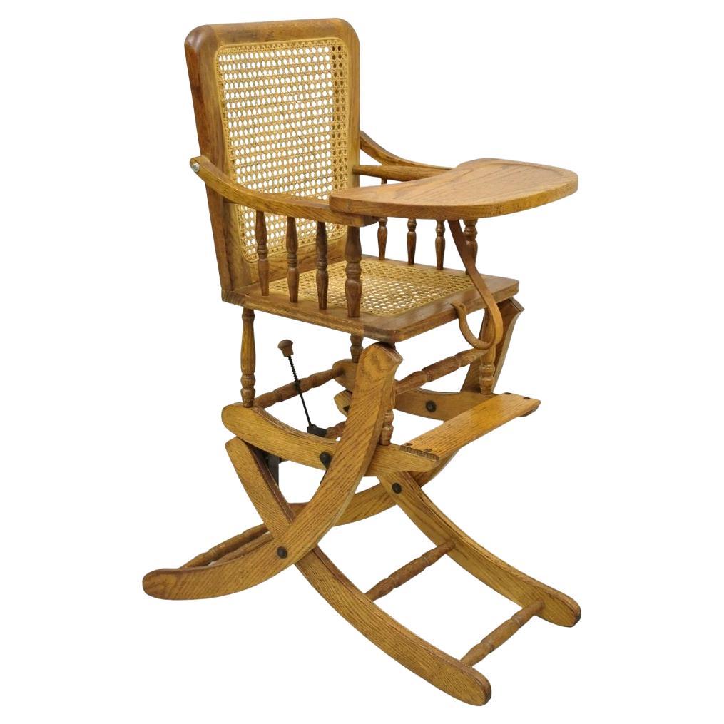 Vintage Victorian Oak & Cane Convertible Childs High Chair Rocking Chair