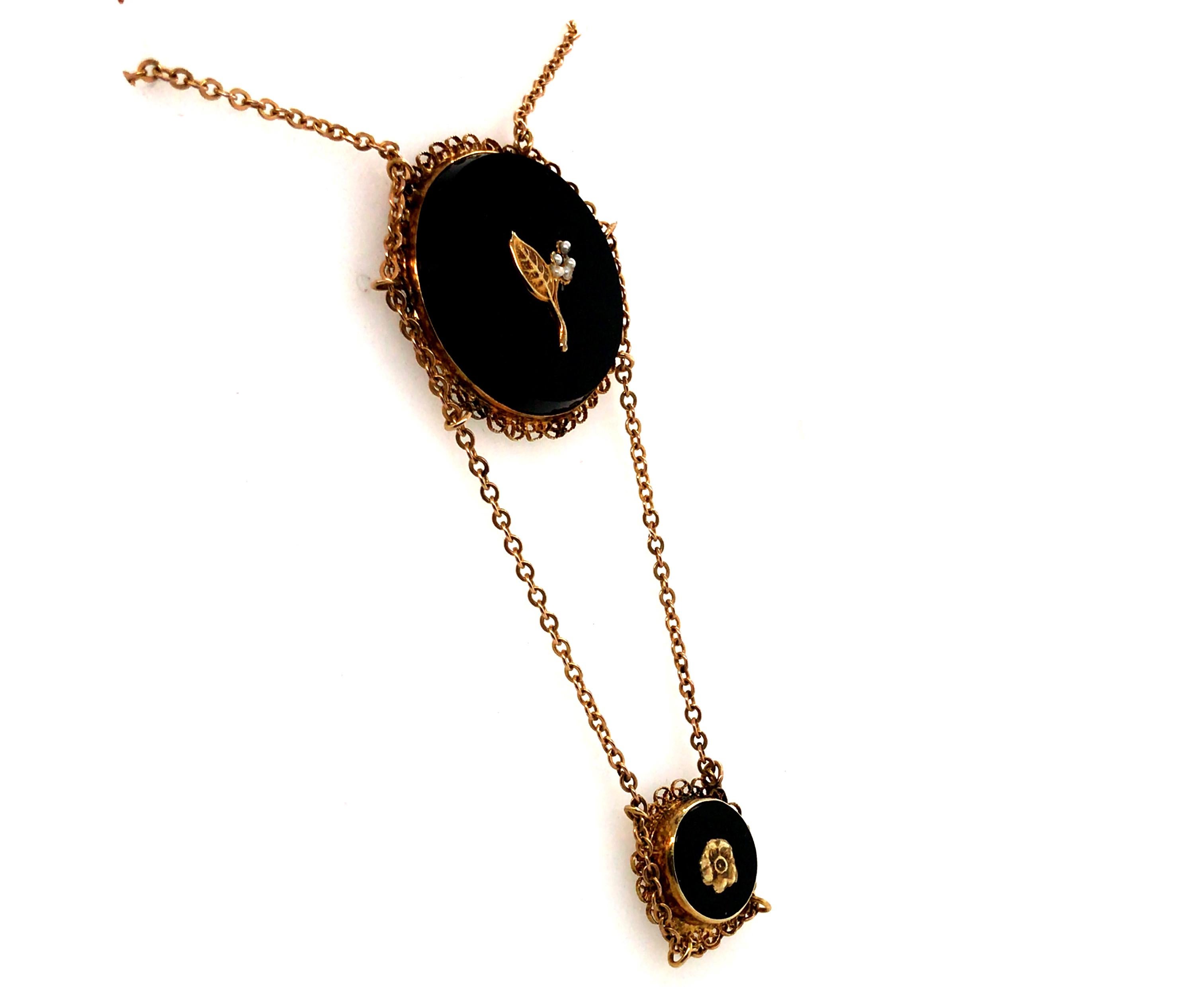 Round Cut Victorian Onyx Pearl Necklace Double Pendant 14K Gold Antique Original 1890s For Sale