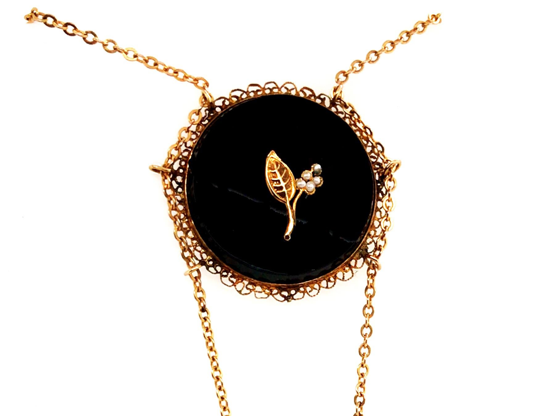 Victorian Onyx Pearl Necklace Double Pendant 14K Gold Antique Original 1890s In Excellent Condition For Sale In Dearborn, MI