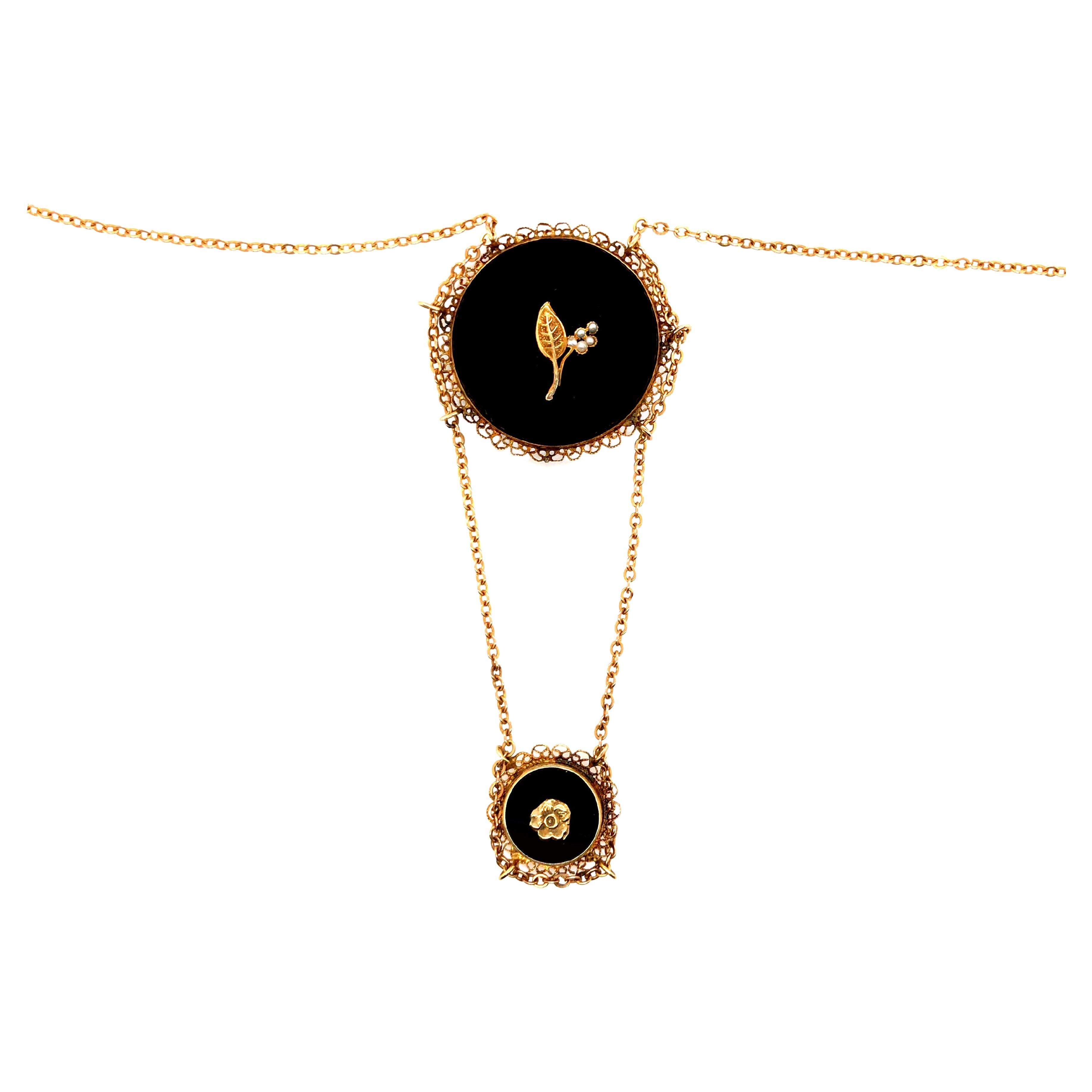 Collier double pendentif victorien original en or 14 carats avec onyx et perles, années 1890